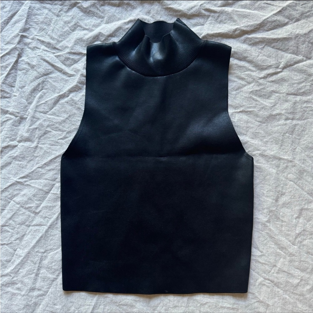 Zara Sleeveless Coated Turtleneck Rib Knit Top Black S NEW
